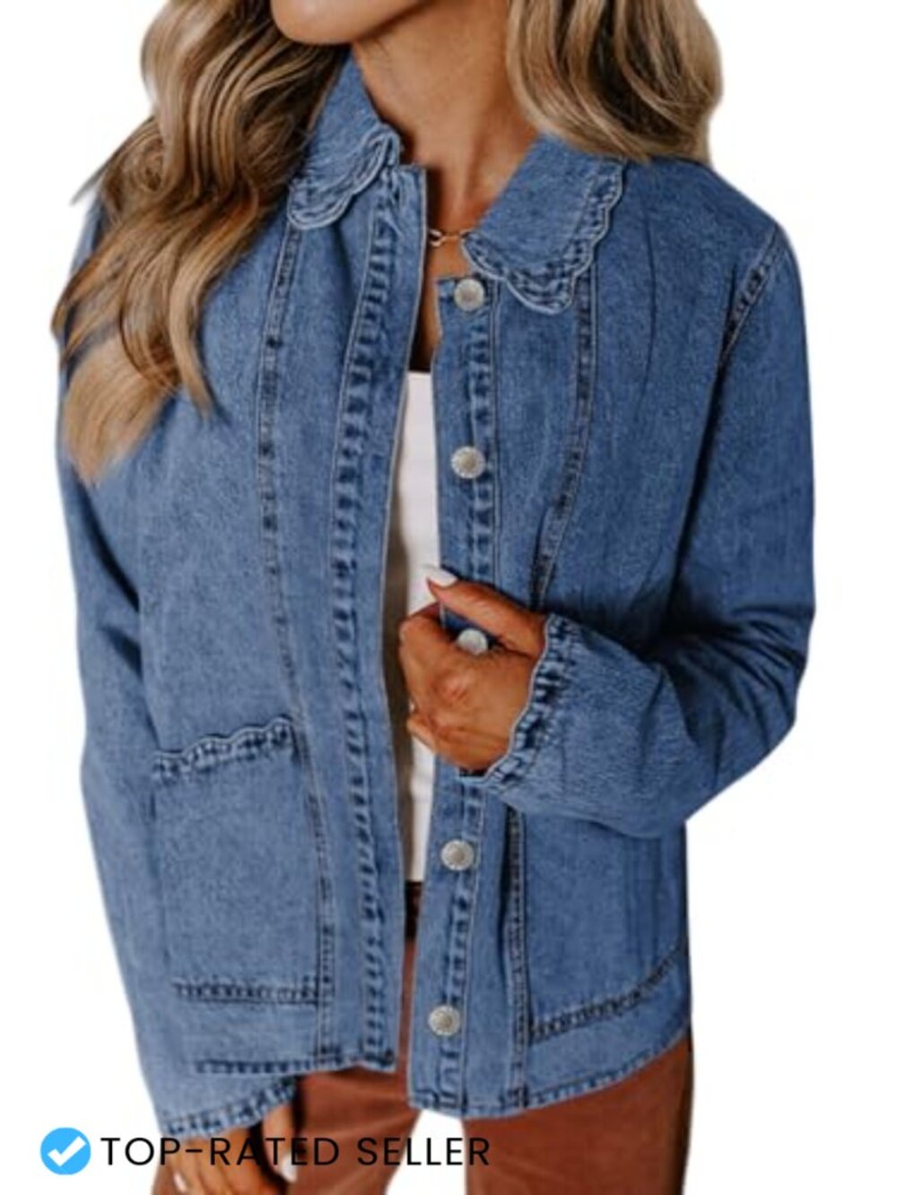 Women's Ruffled Denim Jacket Long Sleeve Shacket Cotton Blend